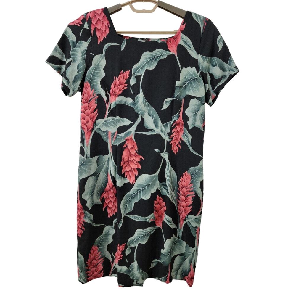 Vintage Hilo Hattie Hawaiian Dress Size 12 Black Teal Coral Cap Sleeve EUC